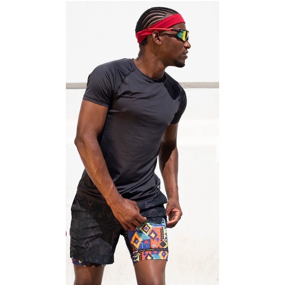 Maamgic Black Geometric Swim Trunks/gym shorts with biker liner